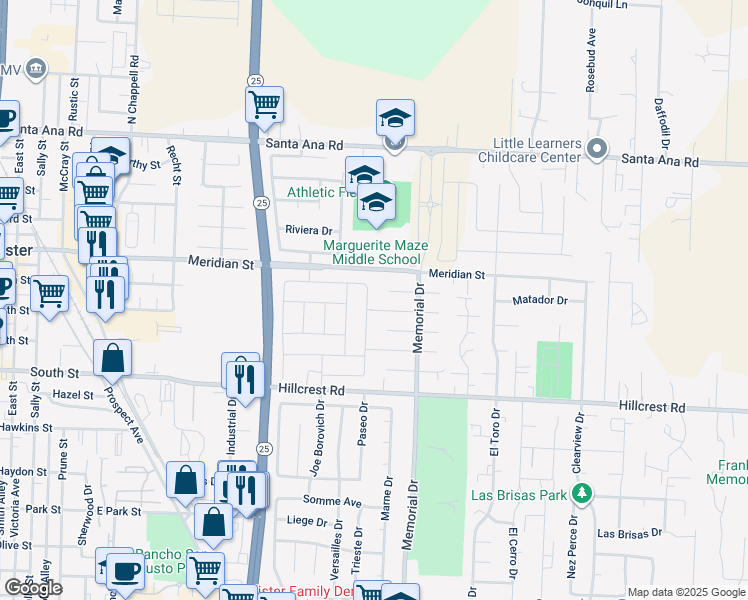 map of restaurants, bars, coffee shops, grocery stores, and more near 471 Segovia Drive in Hollister