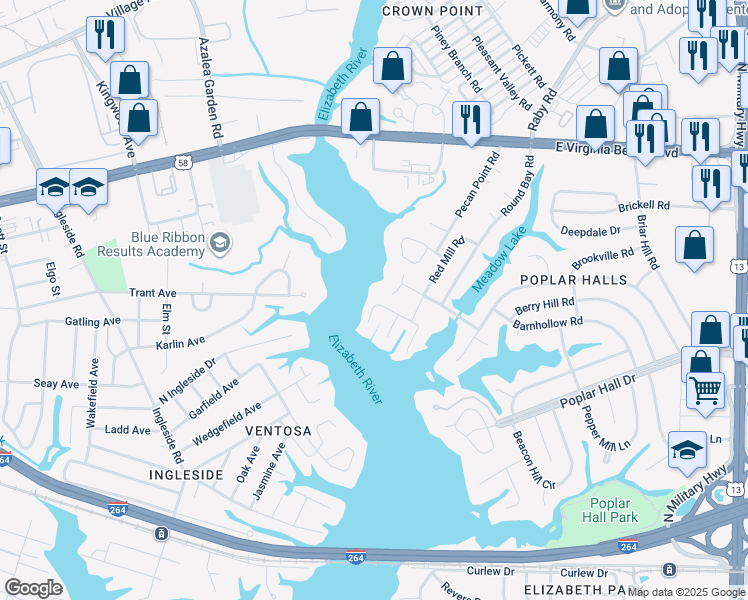 map of restaurants, bars, coffee shops, grocery stores, and more near 5302 Barharbor Drive in Norfolk