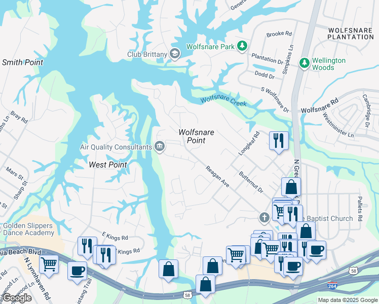 map of restaurants, bars, coffee shops, grocery stores, and more near 2585 Reagan Avenue in Virginia Beach