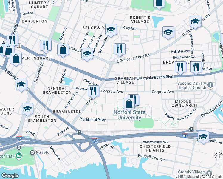 map of restaurants, bars, coffee shops, grocery stores, and more near 1644 Corprew Avenue in Norfolk