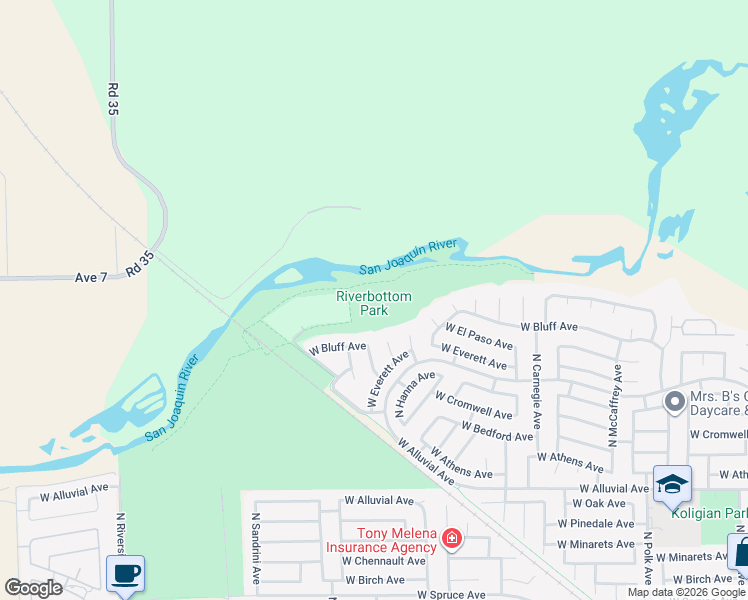 map of restaurants, bars, coffee shops, grocery stores, and more near 6038 West Bluff Avenue in Fresno