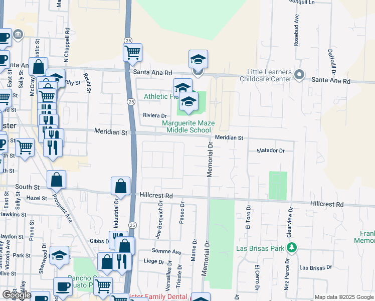 map of restaurants, bars, coffee shops, grocery stores, and more near 471 Segovia Drive in Hollister