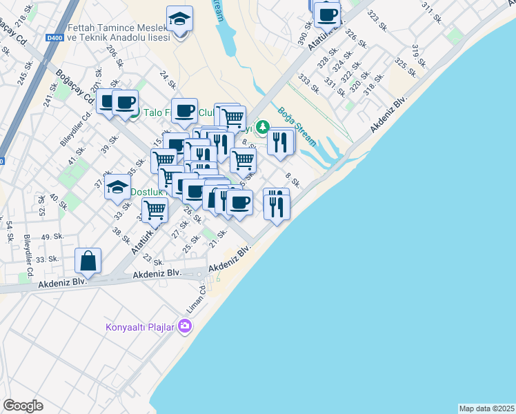 map of restaurants, bars, coffee shops, grocery stores, and more near 8 3. Sokak in Konyaaltı