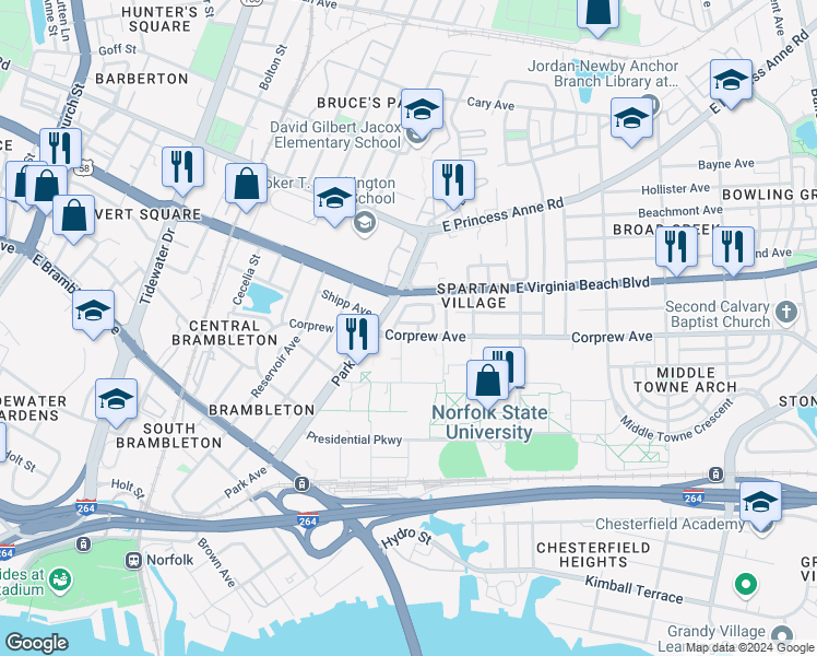 map of restaurants, bars, coffee shops, grocery stores, and more near 1626 Corprew Avenue in Norfolk