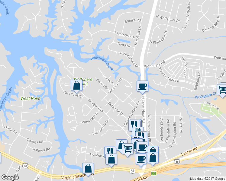 map of restaurants, bars, coffee shops, grocery stores, and more near 500 Longleaf Road in Virginia Beach