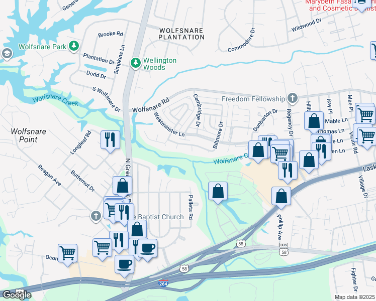 map of restaurants, bars, coffee shops, grocery stores, and more near 404 Cadbury Circle in Virginia Beach