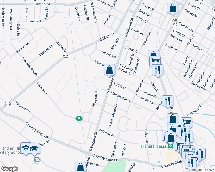 map of restaurants, bars, coffee shops, grocery stores, and more near 2507 South Virginia Street in Hopkinsville