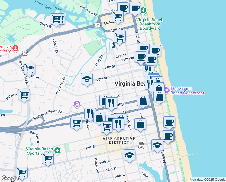 map of restaurants, bars, coffee shops, grocery stores, and more near 512 24th Street in Virginia Beach