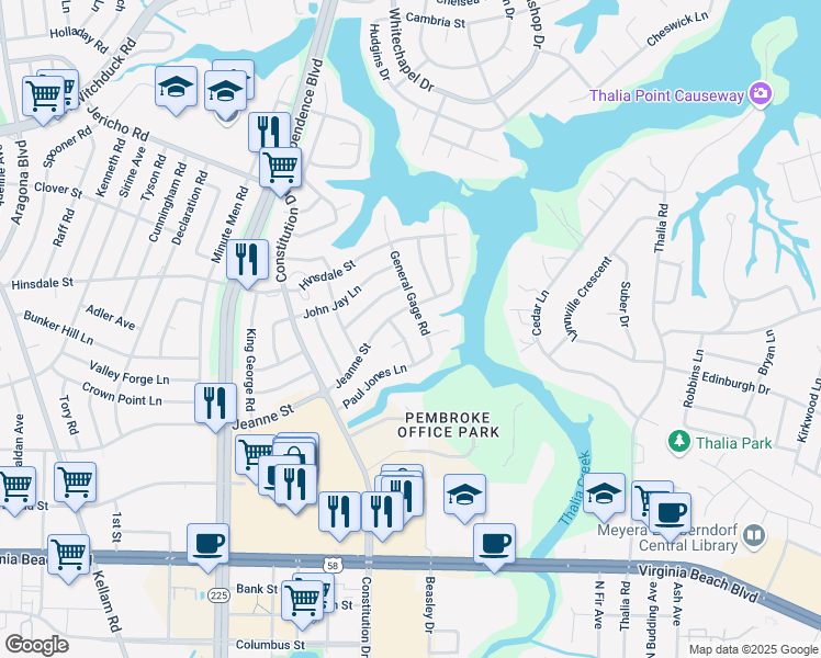 map of restaurants, bars, coffee shops, grocery stores, and more near 312 Anthony Wayne Road in Virginia Beach
