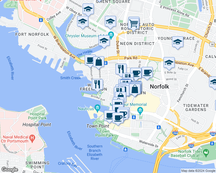 map of restaurants, bars, coffee shops, grocery stores, and more near 255 College Place in Norfolk