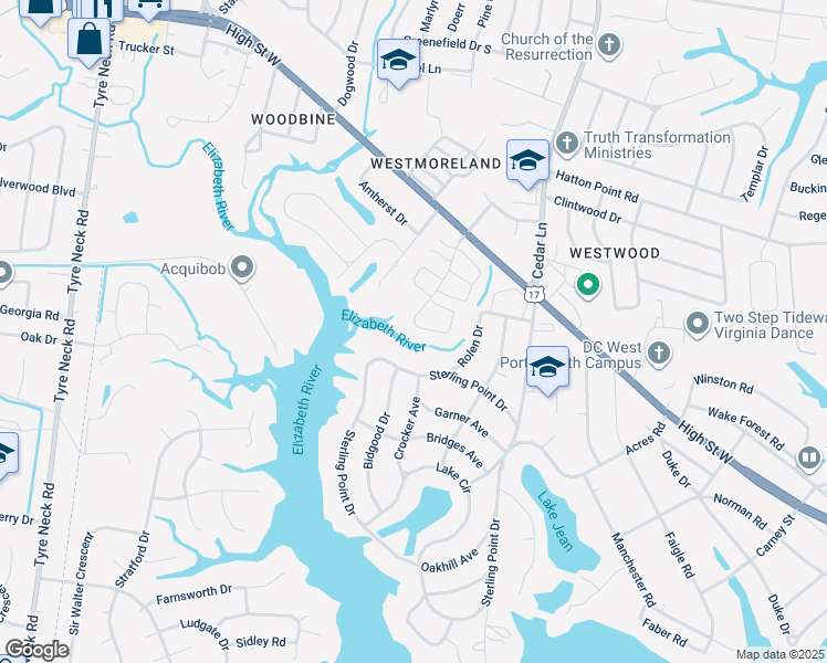 map of restaurants, bars, coffee shops, grocery stores, and more near 4035 Reese Drive South in Portsmouth