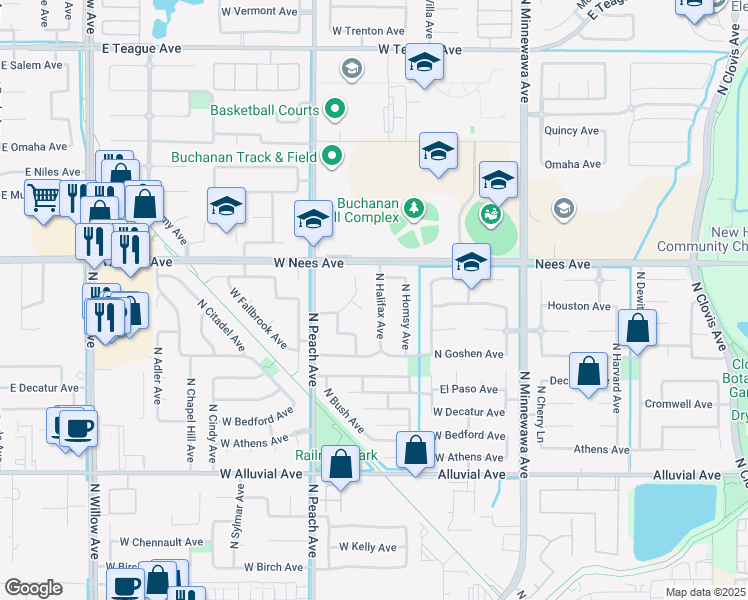 map of restaurants, bars, coffee shops, grocery stores, and more near 1142 North Halifax Avenue in Clovis