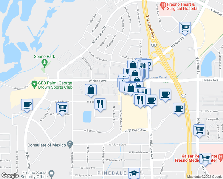 map of restaurants, bars, coffee shops, grocery stores, and more near 353 West Nees Avenue in Fresno