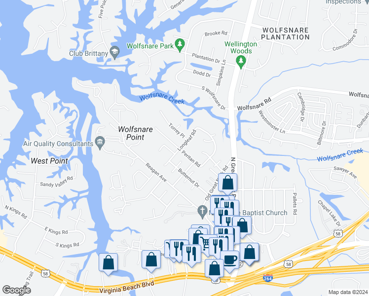 map of restaurants, bars, coffee shops, grocery stores, and more near 500 Longleaf Road in Virginia Beach