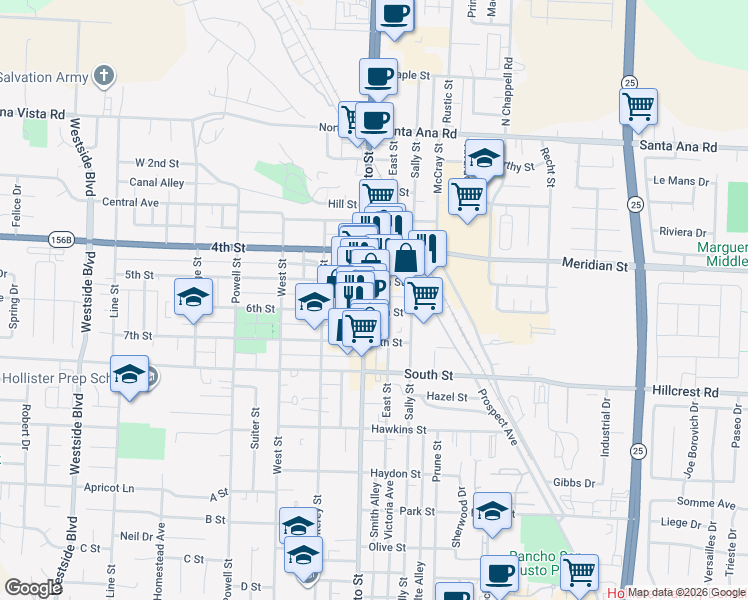 map of restaurants, bars, coffee shops, grocery stores, and more near 561 East Street in Hollister