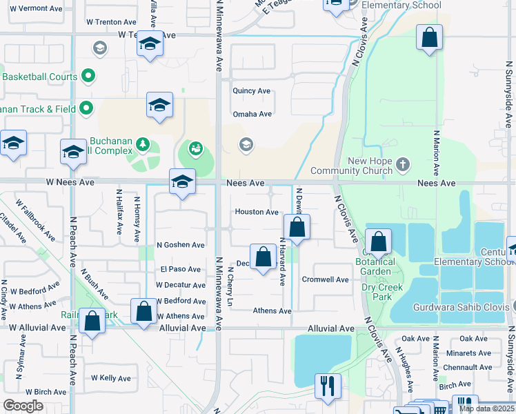 map of restaurants, bars, coffee shops, grocery stores, and more near 226 Houston Avenue in Clovis