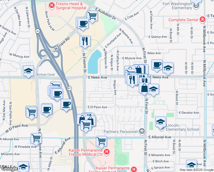 map of restaurants, bars, coffee shops, grocery stores, and more near Unnamed Road in Fresno