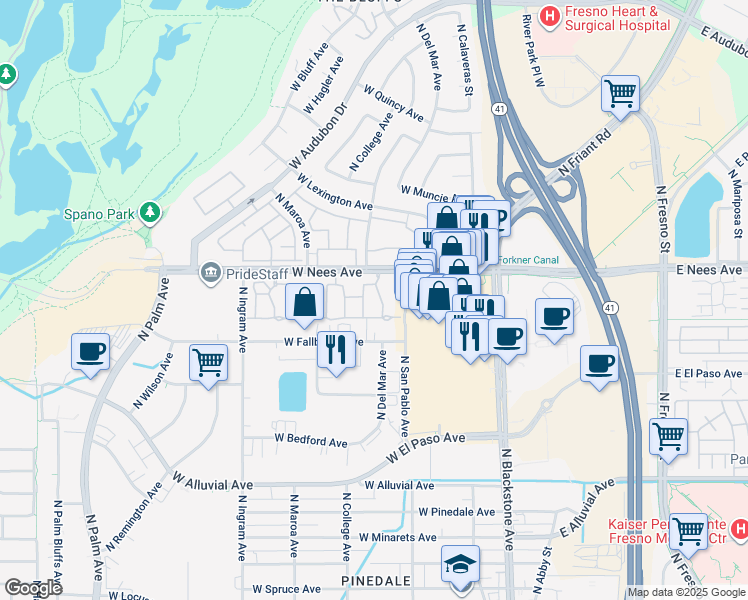 map of restaurants, bars, coffee shops, grocery stores, and more near 353 West Nees Avenue in Fresno