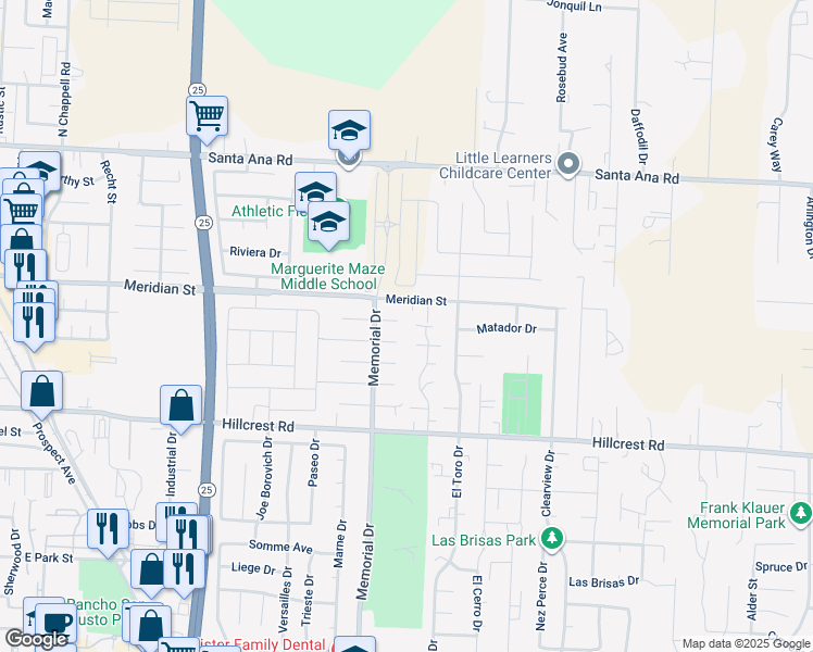 map of restaurants, bars, coffee shops, grocery stores, and more near 1020 Pear Court in Hollister