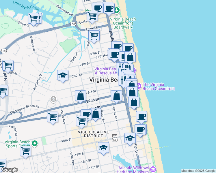 map of restaurants, bars, coffee shops, grocery stores, and more near in Virginia Beach