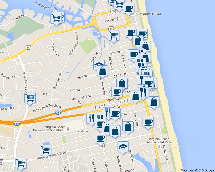 map of restaurants, bars, coffee shops, grocery stores, and more near 515 23 1/2 Street in Virginia Beach