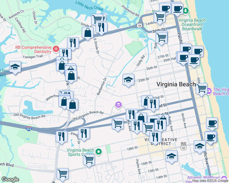 map of restaurants, bars, coffee shops, grocery stores, and more near 830 24th Street in Virginia Beach