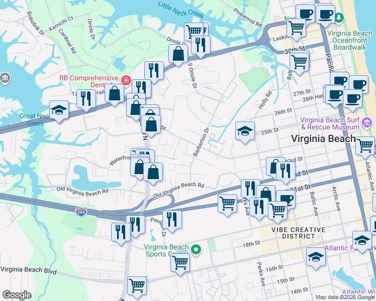 map of restaurants, bars, coffee shops, grocery stores, and more near 929 C Avenue in Virginia Beach