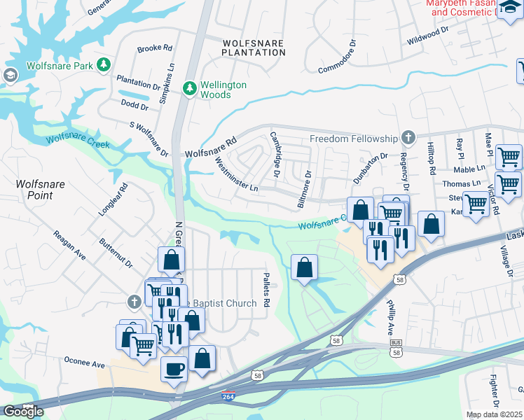 map of restaurants, bars, coffee shops, grocery stores, and more near 400 Biltmore Court in Virginia Beach