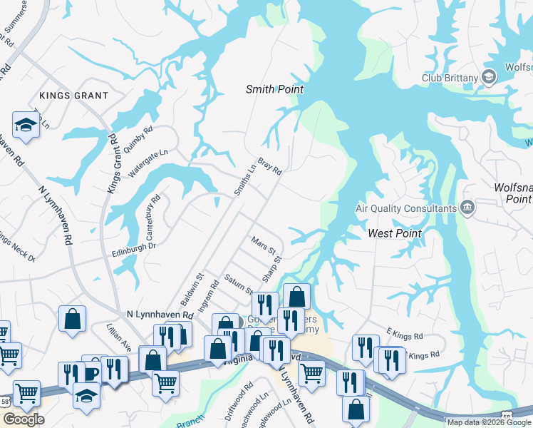 map of restaurants, bars, coffee shops, grocery stores, and more near 536 Sharp Street in Virginia Beach