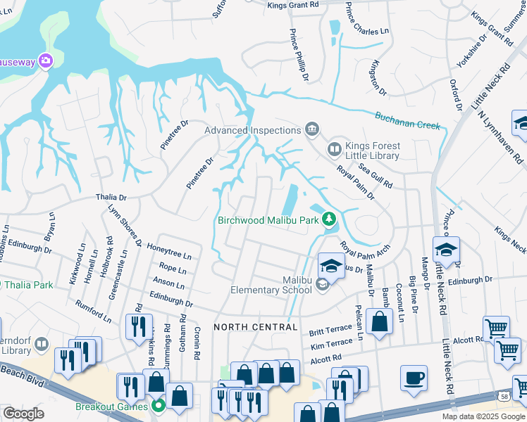 map of restaurants, bars, coffee shops, grocery stores, and more near 3772 Harton Road in Virginia Beach