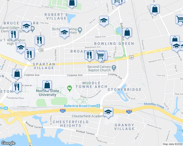 map of restaurants, bars, coffee shops, grocery stores, and more near 2819 Corprew Avenue in Norfolk