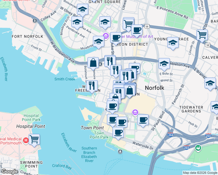 map of restaurants, bars, coffee shops, grocery stores, and more near 227 College Place in Norfolk