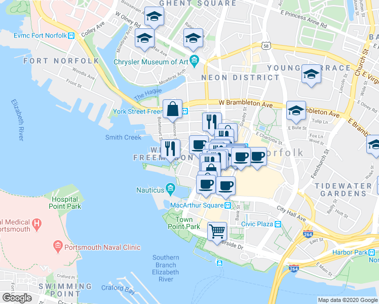 map of restaurants, bars, coffee shops, grocery stores, and more near 227 College Place in Norfolk