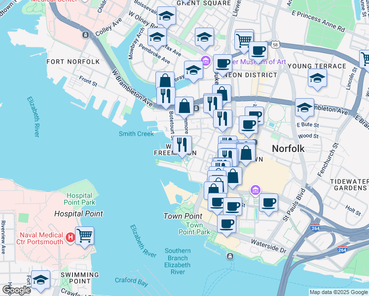 map of restaurants, bars, coffee shops, grocery stores, and more near 278 West Tazewell Street in Norfolk