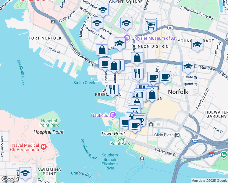 map of restaurants, bars, coffee shops, grocery stores, and more near 278 West Tazewell Street in Norfolk
