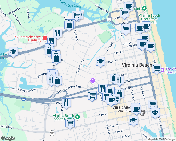 map of restaurants, bars, coffee shops, grocery stores, and more near 2407 Marsh Creek Court in Virginia Beach