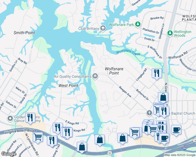 map of restaurants, bars, coffee shops, grocery stores, and more near 2638 Cove Point Place in Virginia Beach