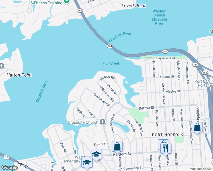 map of restaurants, bars, coffee shops, grocery stores, and more near 108 Porter Road in Portsmouth