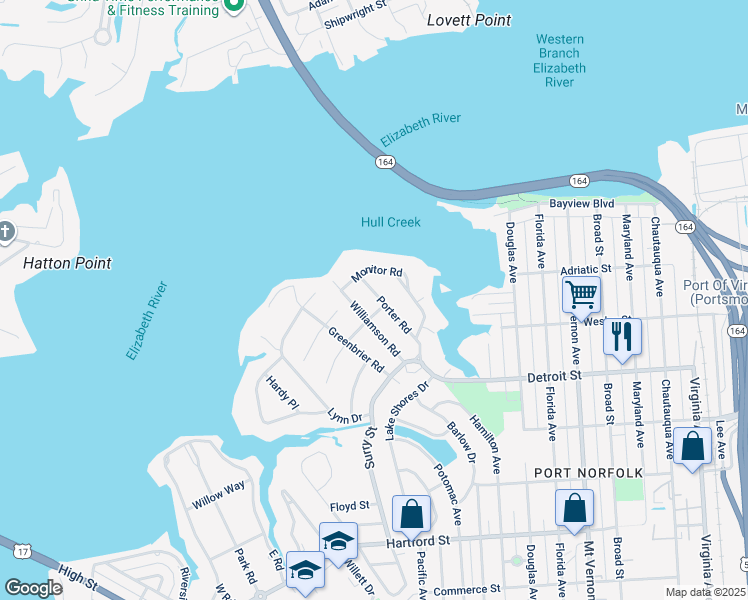 map of restaurants, bars, coffee shops, grocery stores, and more near 108 Porter Road in Portsmouth