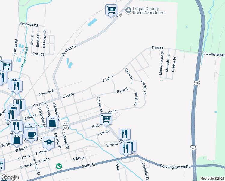map of restaurants, bars, coffee shops, grocery stores, and more near East 2nd Street in Russellville