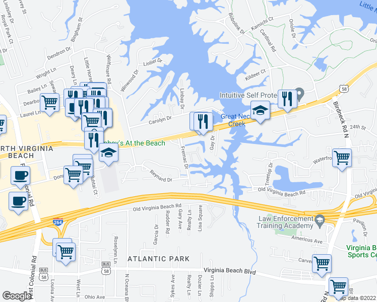 map of restaurants, bars, coffee shops, grocery stores, and more near 1326 Linkhorn Circle in Virginia Beach