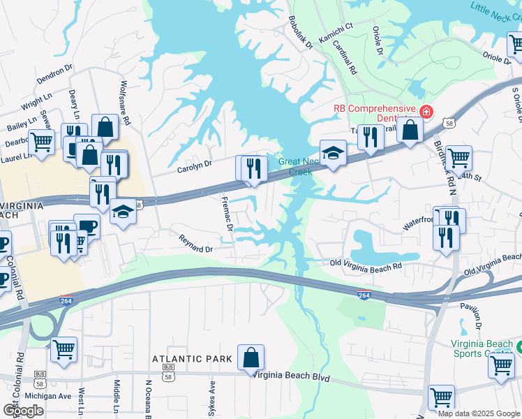 map of restaurants, bars, coffee shops, grocery stores, and more near 605 Gay Drive in Virginia Beach