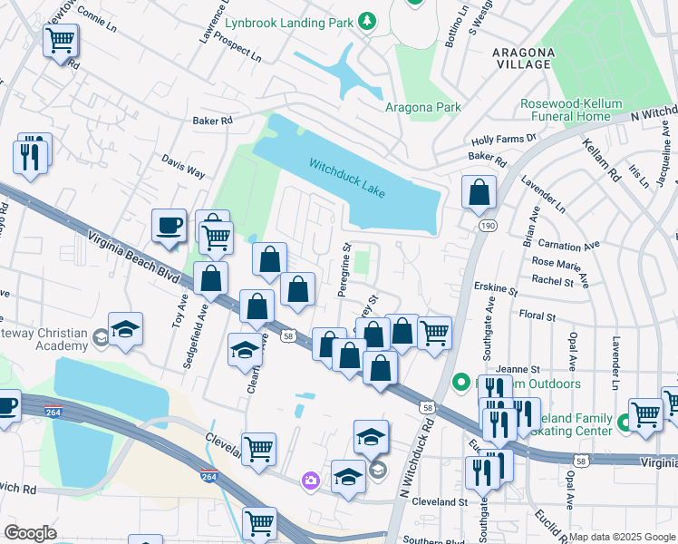 map of restaurants, bars, coffee shops, grocery stores, and more near 418 Peregrine Street in Virginia Beach