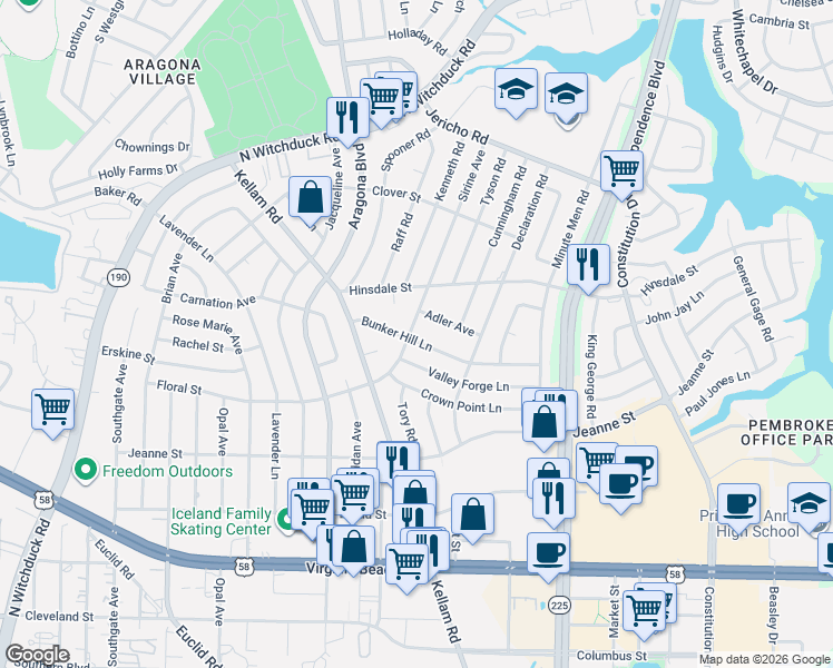 map of restaurants, bars, coffee shops, grocery stores, and more near 4737 Bunker Hill Lane in Virginia Beach