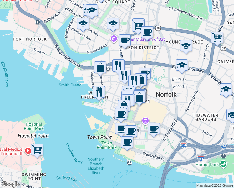 map of restaurants, bars, coffee shops, grocery stores, and more near 227 College Place in Norfolk