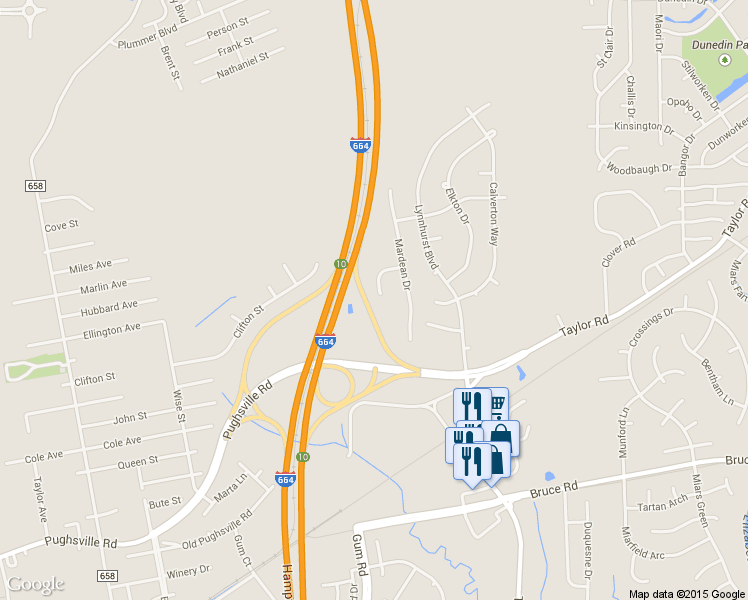 map of restaurants, bars, coffee shops, grocery stores, and more near 3522 Chipada Court in Chesapeake
