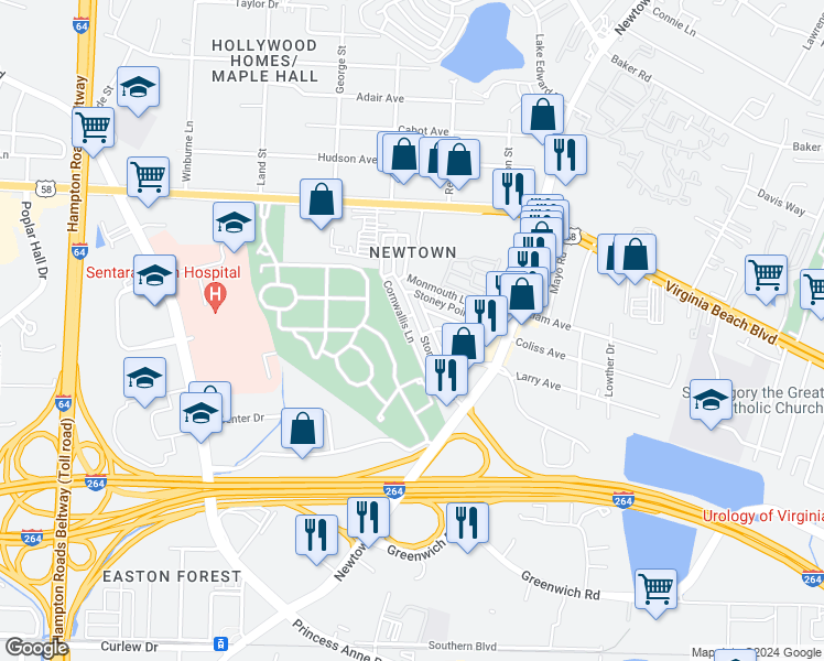 map of restaurants, bars, coffee shops, grocery stores, and more near 6589 Stoney Point South in Norfolk