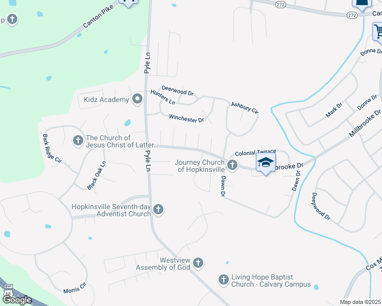 map of restaurants, bars, coffee shops, grocery stores, and more near 605 Millbrooke Dr in Hopkinsville