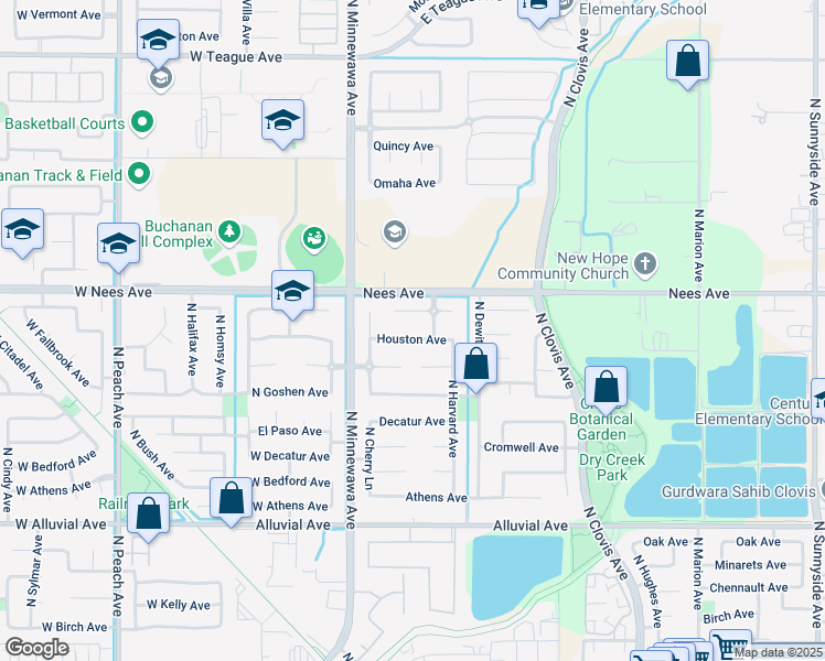 map of restaurants, bars, coffee shops, grocery stores, and more near 226 Houston Avenue in Clovis