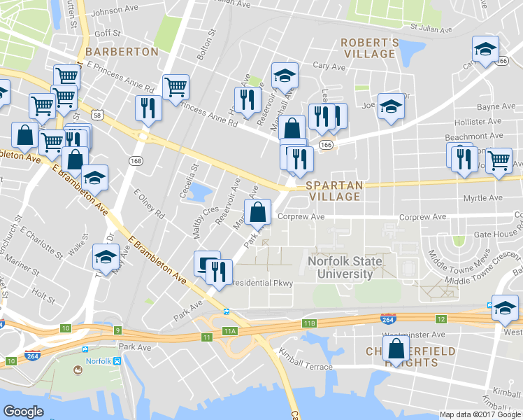 map of restaurants, bars, coffee shops, grocery stores, and more near 1516 Corprew Avenue in Norfolk